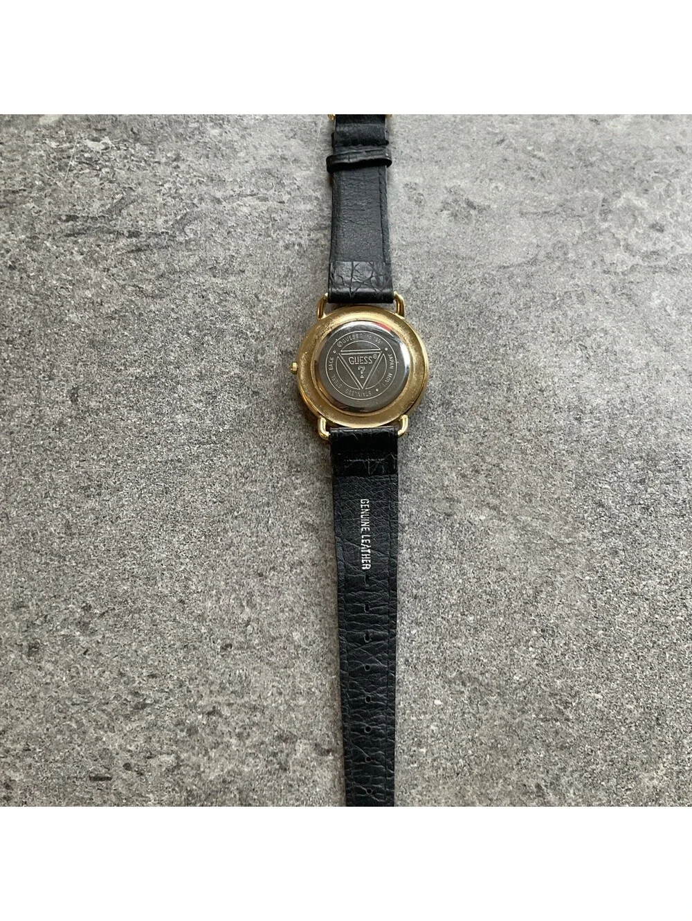 Vintage Guess Unisex Watch 40mm Gold Tone Case White Dial Black Leather Band A5